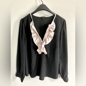 J.Crew Ruffle V-Neck Blouse (XL) in Black & Pale Pink